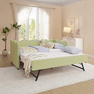 English Elm Cozy Twin Gingham Daybed with Trundle Sofa Bed, Linen Upholstery, USB Port, Wave Frame Design Green W1413S00100