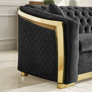 English Elm Luxury Velvet Tufted Chesterfield Loveseat with Gold Steel Trim for Living Room Black W1191S00115