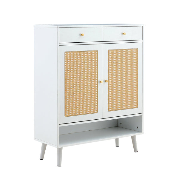 English Elm Modern white storage cabinet with vine rattan design, MDF shoe & bedside organizer, quick assembly, sleek decor W1151P151509