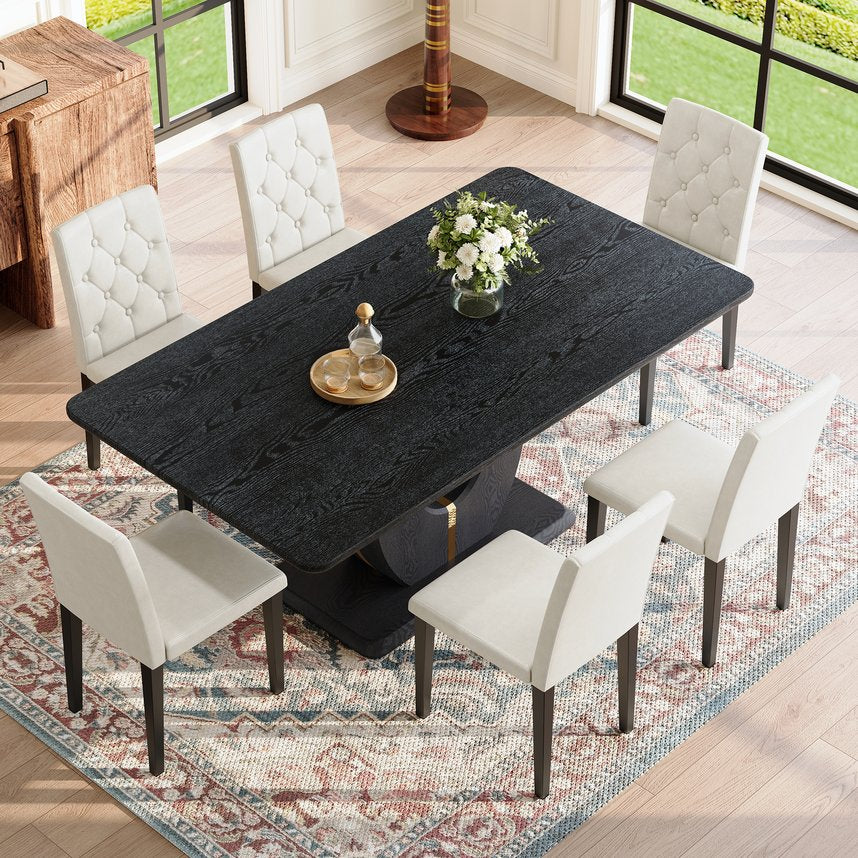English Elm Black Wood Grain Mdf Dining Table Set Six Pu Leather Chairs Buckle Backrest Modern W1151S04472