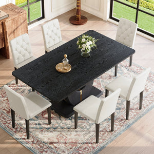English Elm Black Wood Grain Mdf Dining Table Set Six Pu Leather Chairs Buckle Backrest Modern W1151S04472