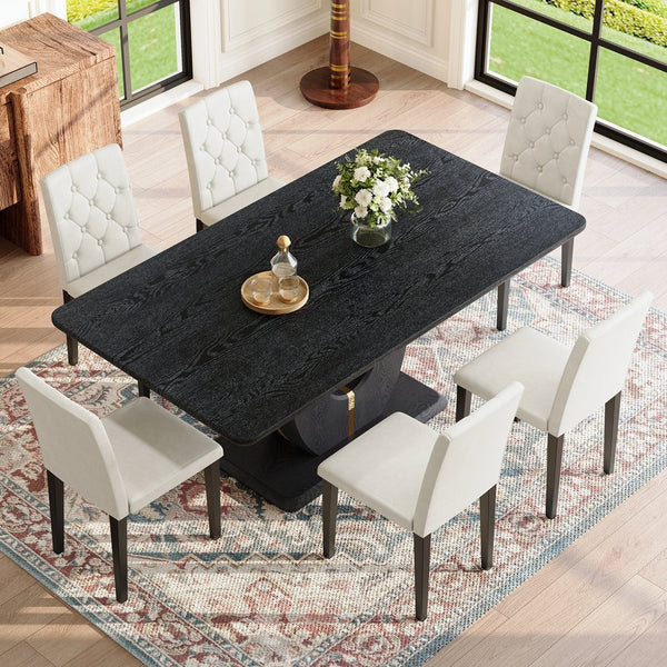 English Elm Black Wood Grain Mdf Dining Table Set Six Pu Leather Chairs Buckle Backrest Modern W1151S04472