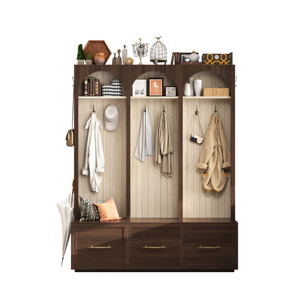 English Elm Farmhouse Hall Tree with Arched Panels Bench Drawers and Hooks for Mudroom Entryway Walnut W5271S00006