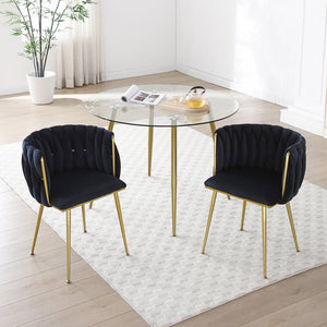 English Elm Modern Velvet Dining Chairs Set of 2 with Woven Backrest and Gold Metal Legs, Elegant Arc Design for Home Black W1117P209796