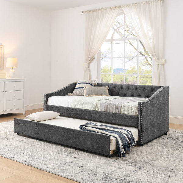 English Elm Twin Daybed with Pull Out Trundle Usb Charging Tufted Upholstered Sofa Guest Bed Grey W1413S00157