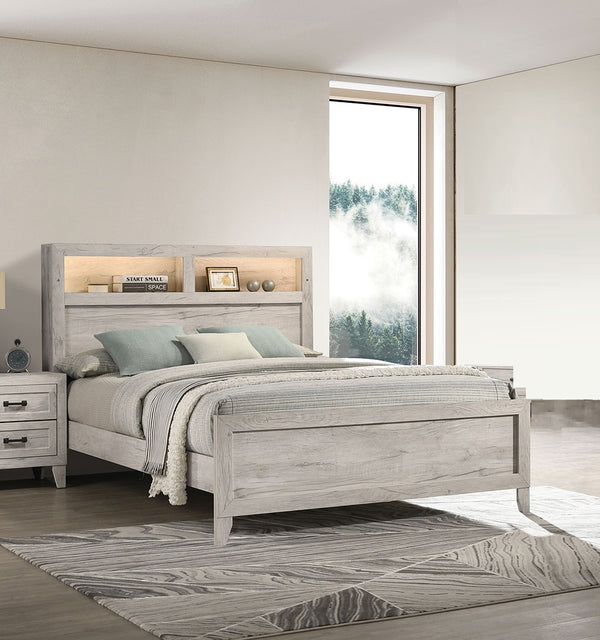 English Elm Simple Full Platform Bed Tufted Headboard with Led Lighting Shelves White Wash Finish B2741S00222