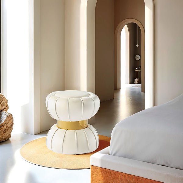 English Elm Contemporary Velvet Accent Stool with Gold Stainless Steel Base, Pleated Bow-Tie Design, Luxe Seat White 17 L x 17 W x 19 H B2741P388362