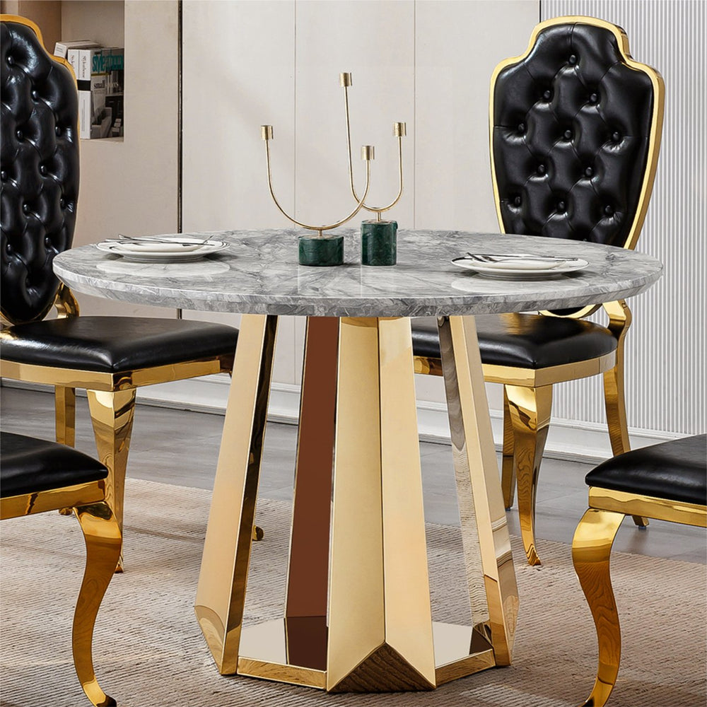 English Elm 47" Round Marble Dining Table - High Gloss Faux Marble Top & Gold Stainless Steel Base For Chic Spaces W3456S00037
