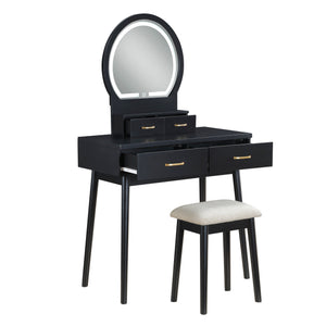 English Elm Beautiful LED Vanity Dresser with Touch Mirror and Padded Stool, Luxe Wood Finish, Brass Pulls, Storage Black 33.75 L x 21.75 W x 13.25 H B011P347325