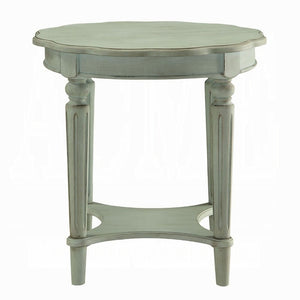 English Elm Antique French-Inspired Green End Table with Open Shelf, Ornate Carved Accents, Metal & Wood Elegance B062P209080