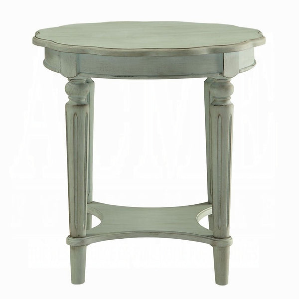 English Elm Antique French-Inspired Green End Table with Open Shelf, Ornate Carved Accents, Metal & Wood Elegance B062P209080