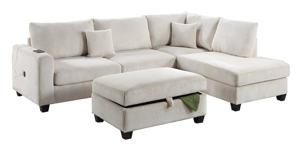English Elm Ivory Corduroy 3pc Sectional Sofa Set with USB Port, RAF Chaise, Storage Ottoman & 2 Pillows B011S01240
