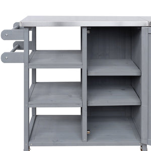 English Elm Foldable Outdoor Kitchen Cart with Stainless Worktop Fir Wood Frame and Lockable Wheels Grey N719P380281K