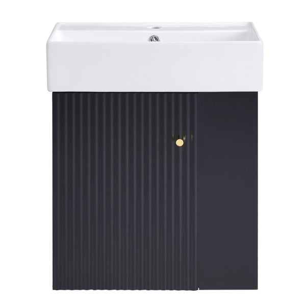English Elm 21.6 inch Modern Floating Bathroom Vanity with Ceramic Basin, Wave Door, Rose Gold Handle Black N729P170388B