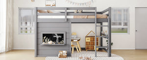 English Elm Twin Loft Bed House Frame with Sliding Chalkboard Built-in Bookshelf and Safety Rails Gray W1580S00320