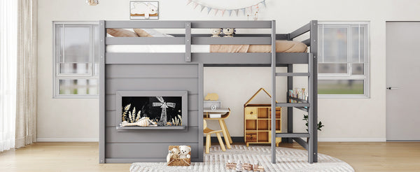 English Elm Twin Loft Bed House Frame with Sliding Chalkboard Built-in Bookshelf and Safety Rails Gray W1580S00320