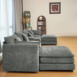 English Elm U Shaped Sectional Cloud Couch for Living Room 144" Plush Modular Sofa with Ottoman Storage Console Cupholders Grey W3276S00012