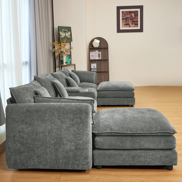 English Elm U Shaped Sectional Cloud Couch for Living Room 144" Plush Modular Sofa with Ottoman Storage Console Cupholders Grey W3276S00012