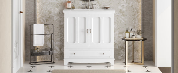 English Elm 30" Modern Bathroom Vanity with Ceramic Sink, Solid Wood Frame, Soft-Close Drawer & Adjustable Shelf White N710P293306K