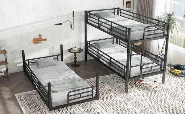 English Elm Twin Triple Metal Bunk Bed Matte Powder Coated Frame with Full Safety Guardrails Black W1580S00578