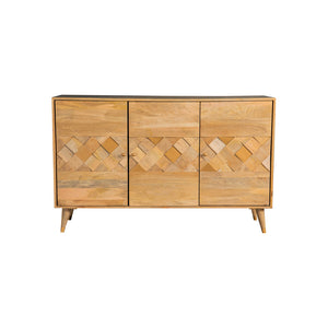 English Elm Austin Natural 3-Door Accent Cabinet with Checkered Pattern, Tapered Legs, Warm Wood Grain Finish B062P328615