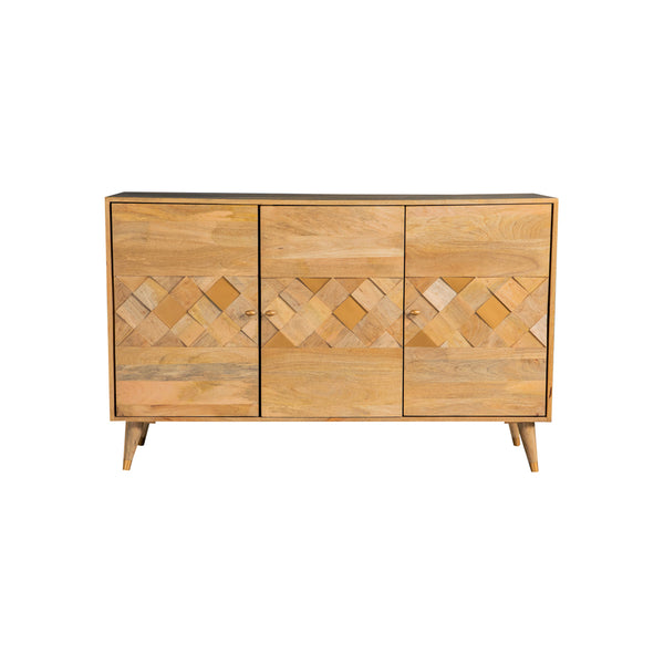 English Elm Austin Natural 3-Door Accent Cabinet with Checkered Pattern, Tapered Legs, Warm Wood Grain Finish B062P328615