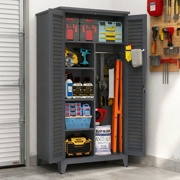 English Elm 73'' Premium Steel Tool Storage Cabinet Slate - Wall-Mountable 73" Vertical Organizer with Pegboard, Shelves, Rods W3387P351629