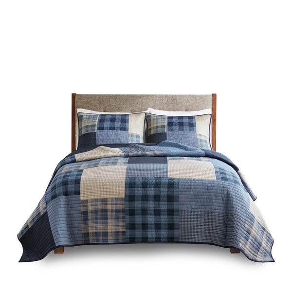 English Elm 3-piece Patchwork Cotton Quilt Set Navy Denim Plaid Coastal Bedroom Bedding B035P463257