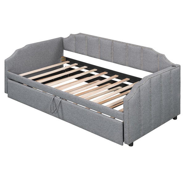 English Elm Twin Linen Upholstered Daybed with Pop up Trundle and Built in Usb Charging Gray SF000199AAE