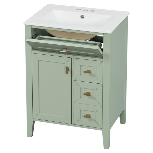 English Elm "24'' 24 Inch Glossy Freestanding Bathroom Vanity with Gold Hardware and Soft Close Storage Green Rubberwood N725P448529F