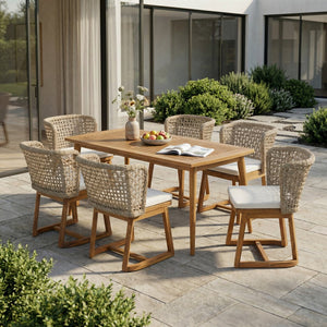 English Elm 7-piece Outdoor Acacia Wood Dining Set with Wicker Chairs Teak Finish Seats Six N773OD00136B