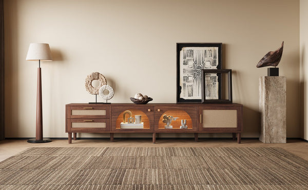 English Elm Rattan Door Media Console with Pine Legs Modern Farmhouse Tv Stand for Large Living Rooms N710P365042P