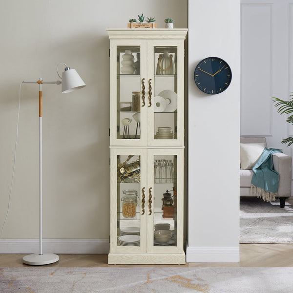 English Elm Lighted Glass Curio Display Cabinet with Quiet Hinge, Internal LED Lighting, Adjustable Shelves, Vintage Carved Handle Antique White W2275P199812