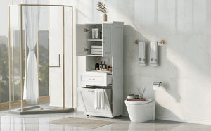English Elm Tall Bathroom Cabinet with Tilt-Out Laundry Hamper, Adjustable Shelves, Anti-Tip Design & Large Storage White WF323481AAK