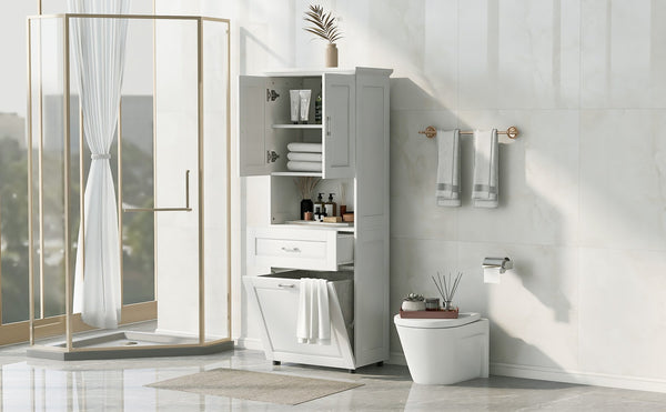 English Elm Tall Bathroom Cabinet with Tilt-Out Laundry Hamper, Adjustable Shelves, Anti-Tip Design & Large Storage White WF323481AAK
