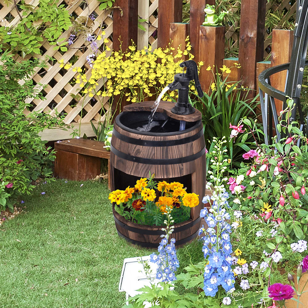 English Elm Outsunny Rustic Barrel Garden Fountain with Planter Fir Wood Steel Farmhouse Decor W2225P174537