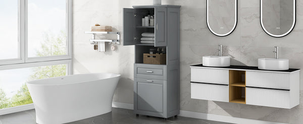 English Elm Tall Bathroom Cabinet with Tilt-Out Laundry Hamper, Adjustable Shelves, Anti-Tip Design & Large Storage Grey WF323481AAE