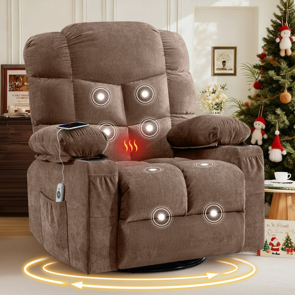 English Elm Oversized Swivel Recliner with Massage Heating Linen Upholstery and Usb Port Brown W1521P411662