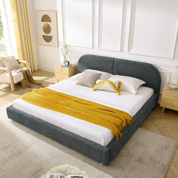 English Elm King Platform Bed Fully Upholstered in Plush Chenille with Low Profile Modern Frame Dark Gray W487S00474