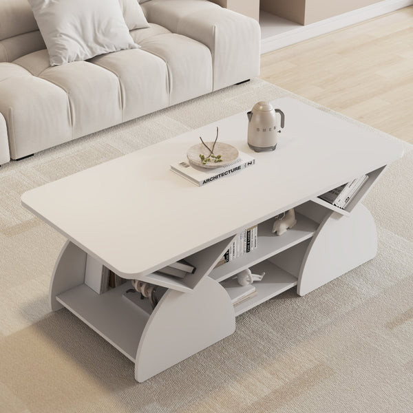 English Elm Engineered rounded corner rectangular coffee table with 6 cubbies, spacious tabletop, durable melamine finish White W2899P372759