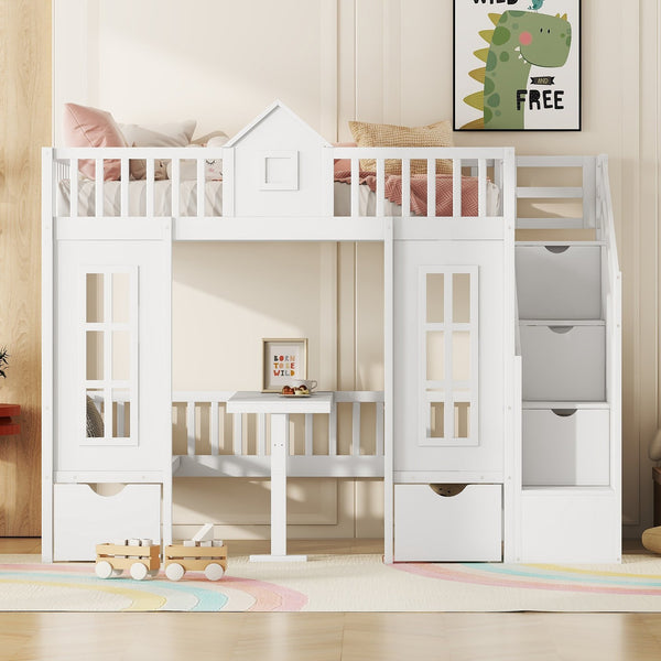 English Elm Twin-over-twin Bunk Bed Convertible Lower Desk Solid Pine Kids Bedroom Space Saver White LT000681AAK-1