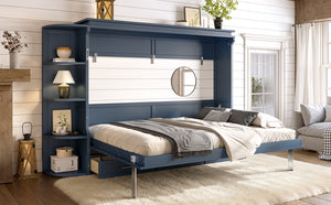 English Elm Queen Murphy Wall Bed with Side Cabinets Open Shelving and Drawers for Studio Rooms Blue W1580S00453