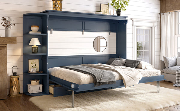 English Elm Queen Murphy Wall Bed with Side Cabinets Open Shelving and Drawers for Studio Rooms Blue W1580S00453