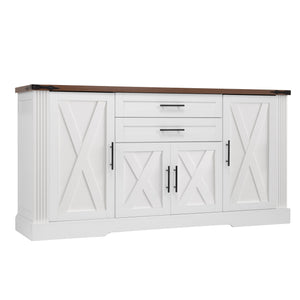 English Elm 63" Fluted Mdf Sideboard with Wood Tone Top Four Doors Three Drawers Dining Storage White W2917S00013