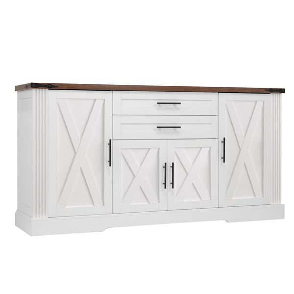English Elm 63" Fluted Mdf Sideboard with Wood Tone Top Four Doors Three Drawers Dining Storage White W2917S00013