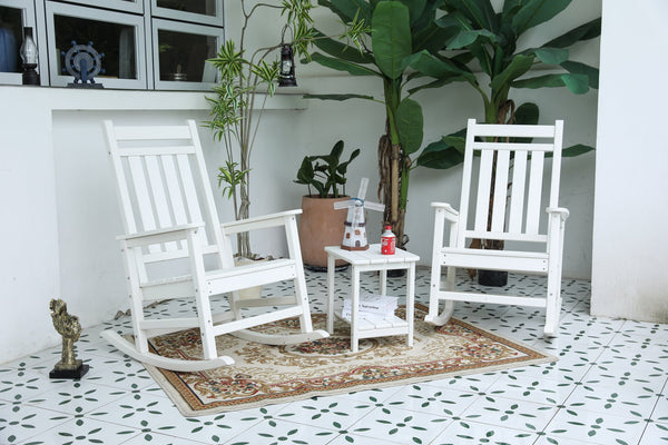English Elm All Weather Rocking Chair Set with Side Table - Durable Wood-Texture Outdoor 3-Piece Patio Rockers White W2103P278565