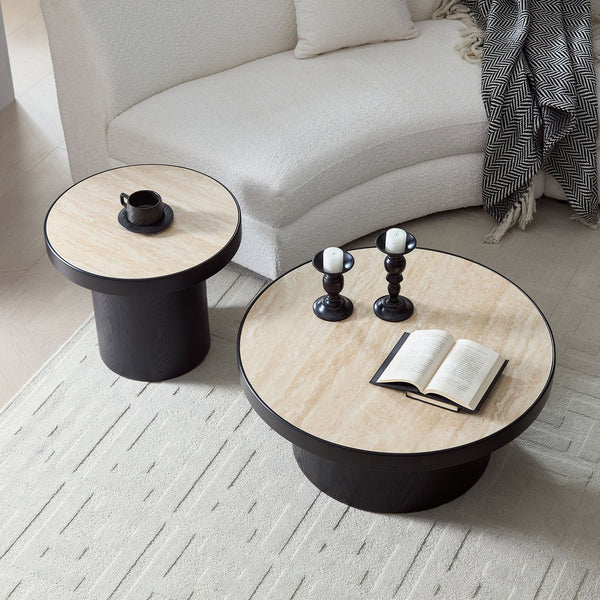 English Elm Coffee Table Nesting Set Round Mdf Pair Walnut Finish for Modern Living Rooms W876S00335