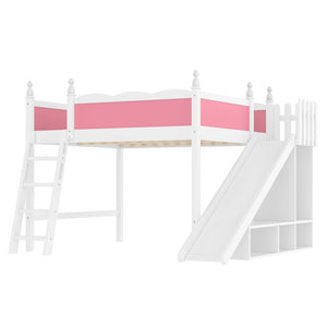 English Elm Queen Loft Bed With Fun Slide, Storage Shelves, Solid Wood Construction, Pink & White Finish, Easy Assemble W1580S00248-GIGA