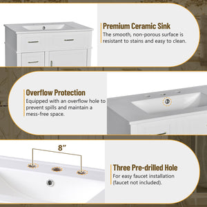 English Elm 30-Inch Bathroom Vanity with Ceramic Sink, Gold Handles, Solid Wood Frame and Soft-Close Drawers White N729P195052K