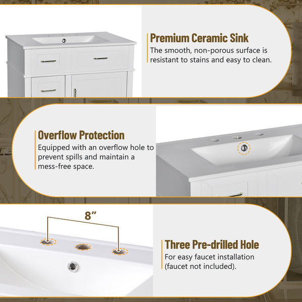 English Elm 30-Inch Bathroom Vanity with Ceramic Sink, Gold Handles, Solid Wood Frame and Soft-Close Drawers White N729P195052K